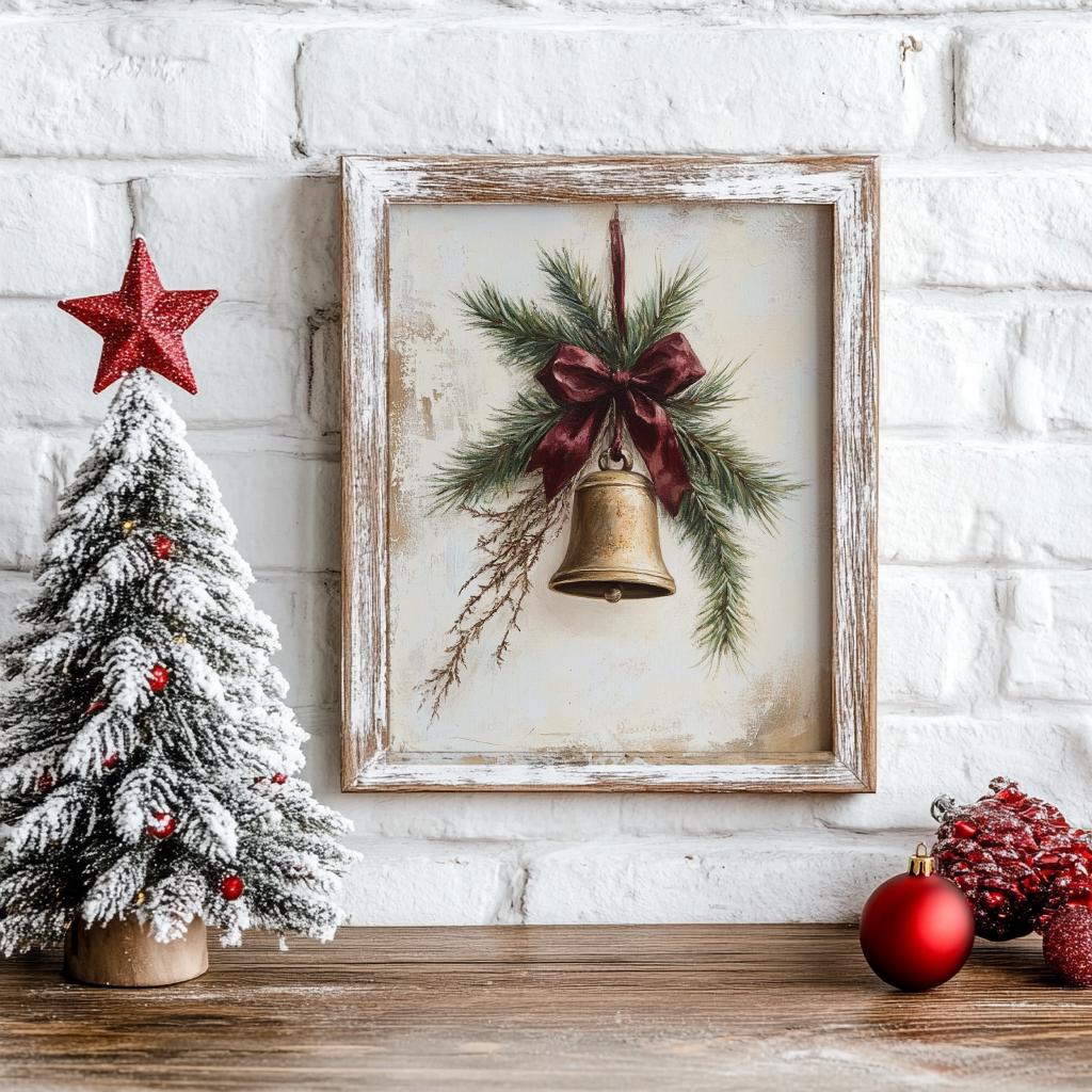 Christmas Bell Print Neutral Rustic Holiday Wall Art - Digital Download
