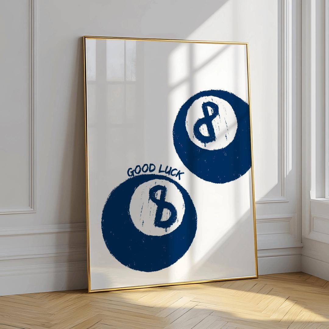 Navy Blue 8 Ball Print Retro Good Luck Wall Art - Digital Download