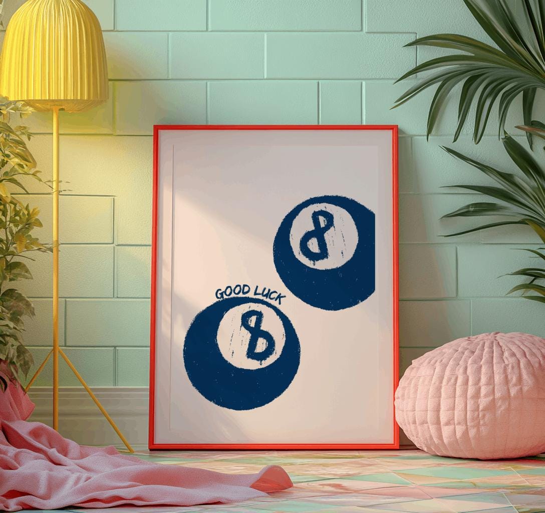 Navy Blue 8 Ball Print Retro Good Luck Wall Art - Digital Download