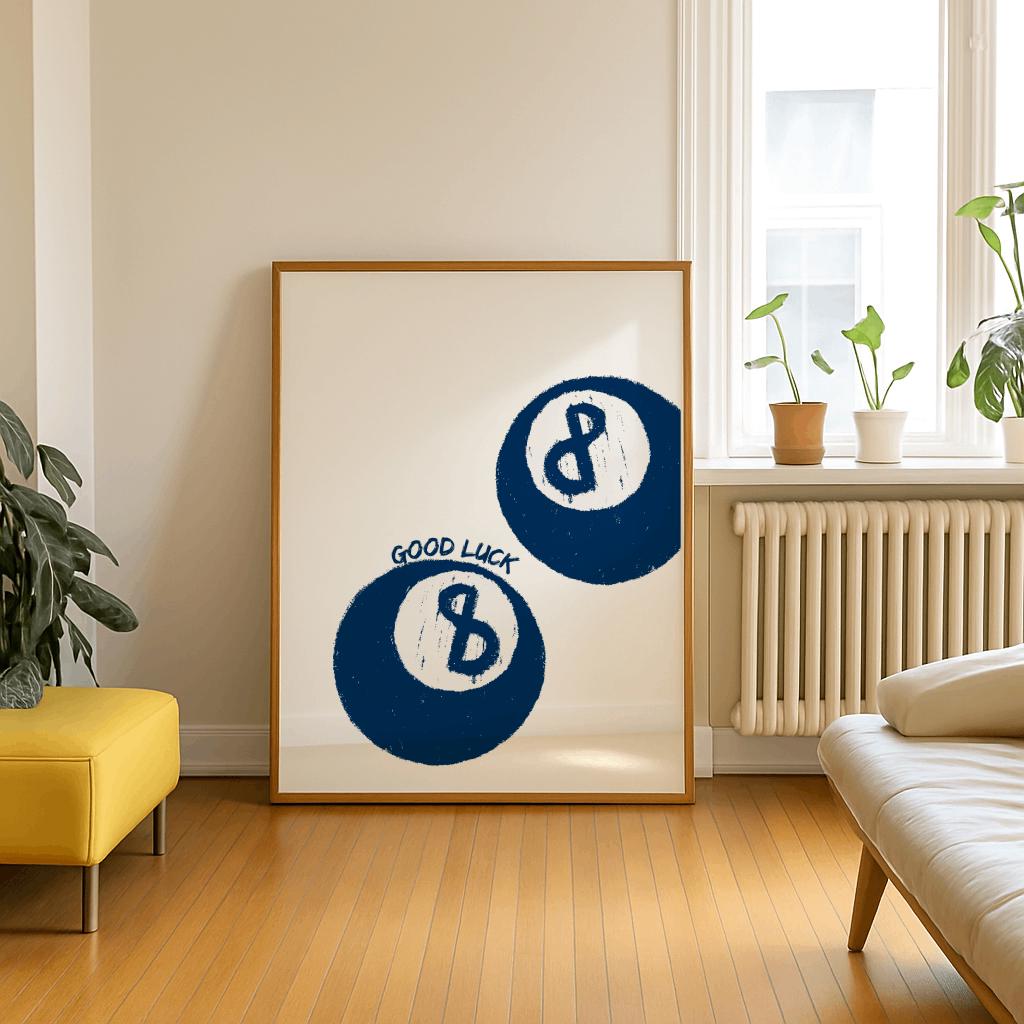 Navy Blue 8 Ball Print Retro Good Luck Wall Art - Digital Download