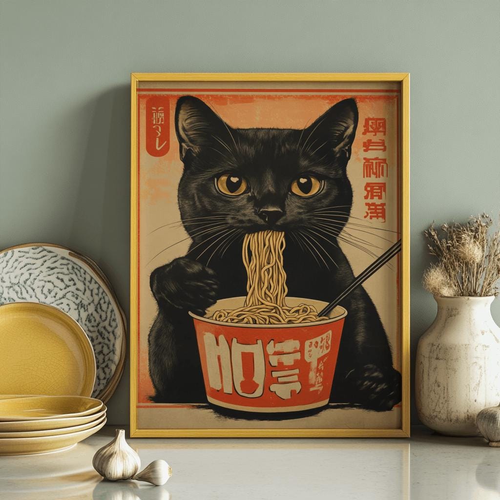 Black Cat Ramen Print Japanese Kitchen Wall Art - Digital Download