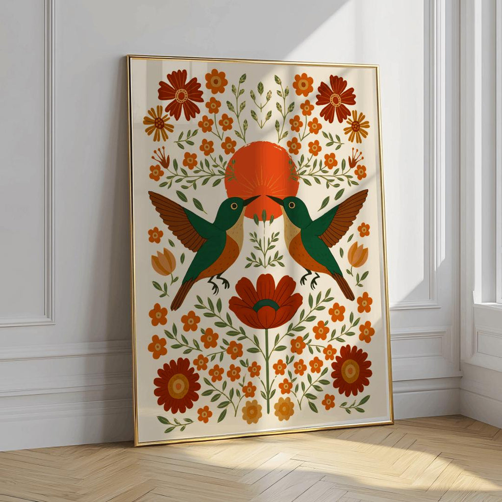 Scandinavian Hummingbird Folk Art Print Nature Wall Decor - Digital Download