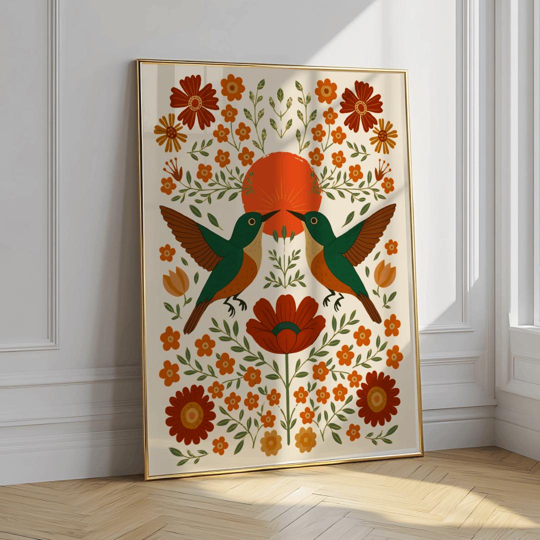 Scandinavian Hummingbird Folk Art Print Nature Wall Decor - Digital Download