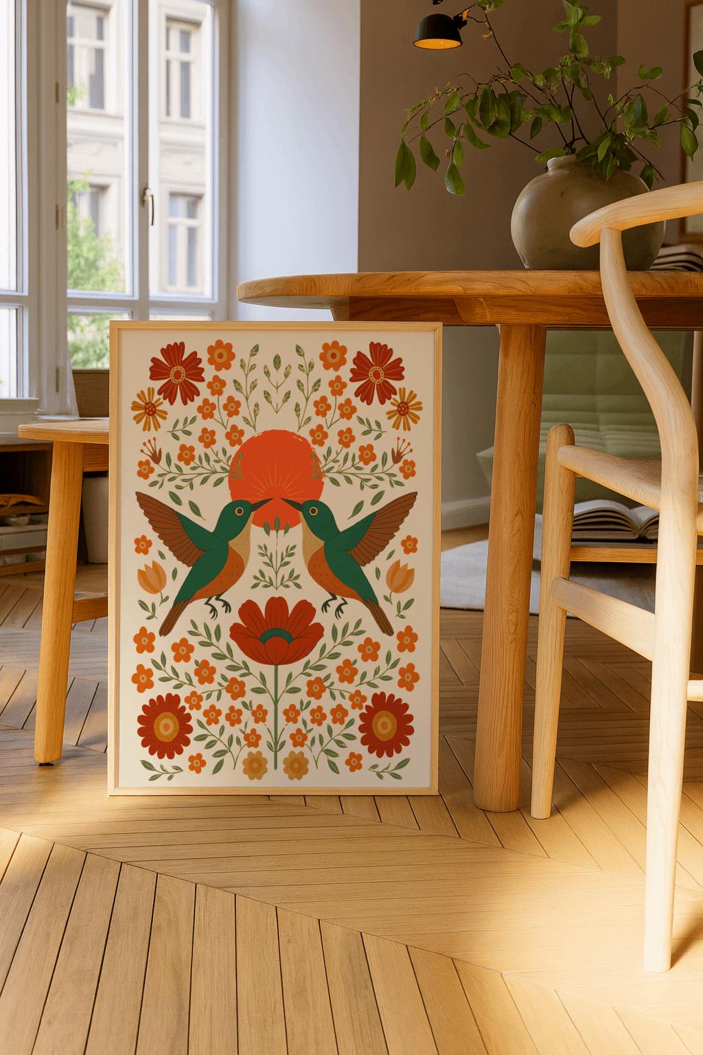 Scandinavian Hummingbird Folk Art Print Nature Wall Decor - Digital Download