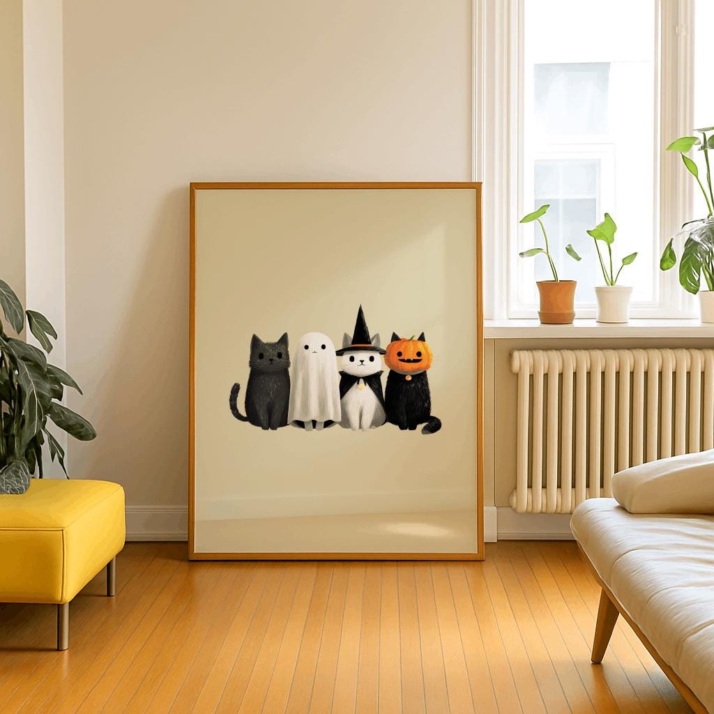 Ghost Poster with Black Cat Spooky Bathtub Wall Art - Digital Download