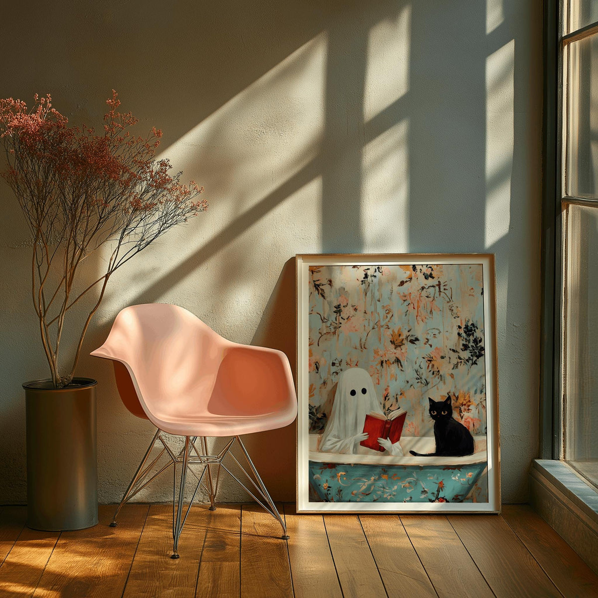 Ghost Poster with Black Cat Spooky Bathtub Wall Art - Digital Download