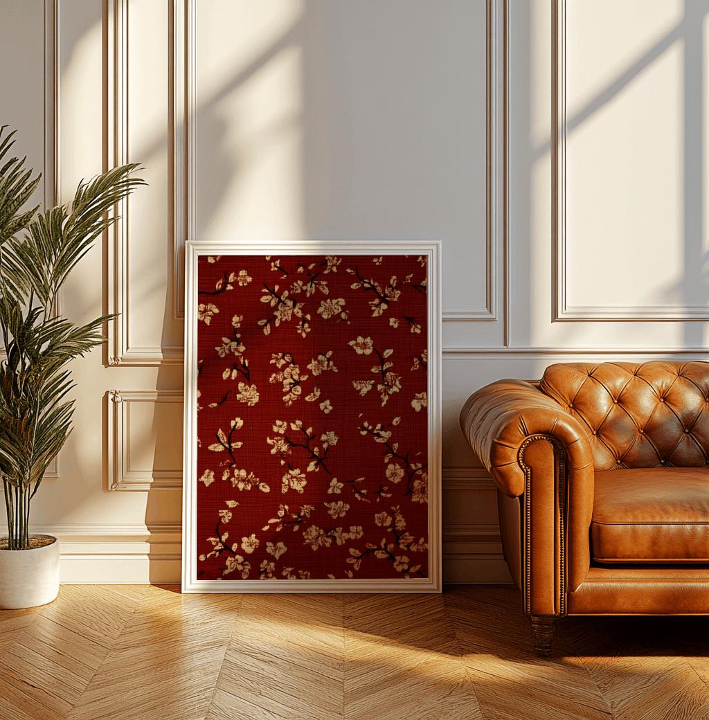 Burgundy Floral Poster Dark Red Beige Tapestry Wall Art - Digital Download