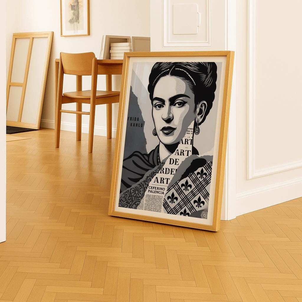 Frida Kahlo Black and White Portrait Vintage Wall Art - Digital Download