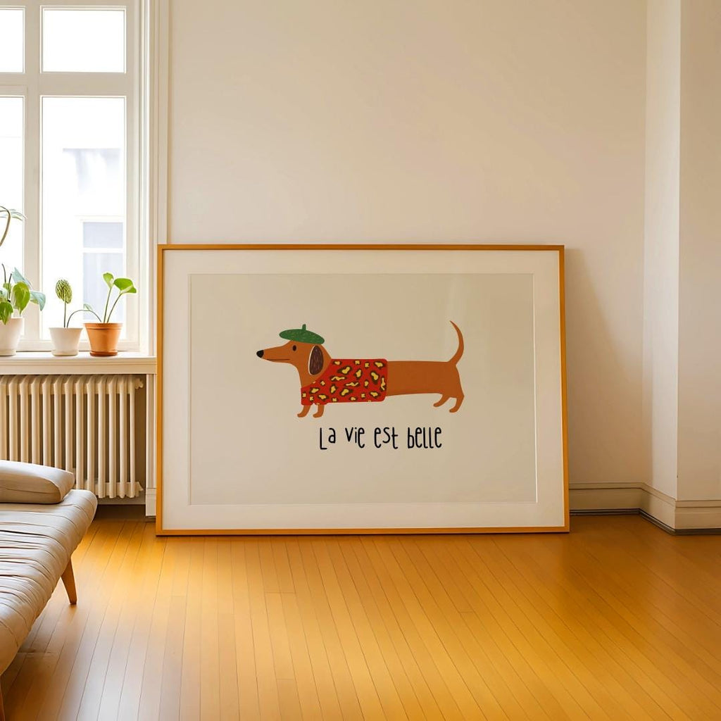 Cute Dog Poster La Vie Est Belle French Dachshund Wall Art - Digital Download