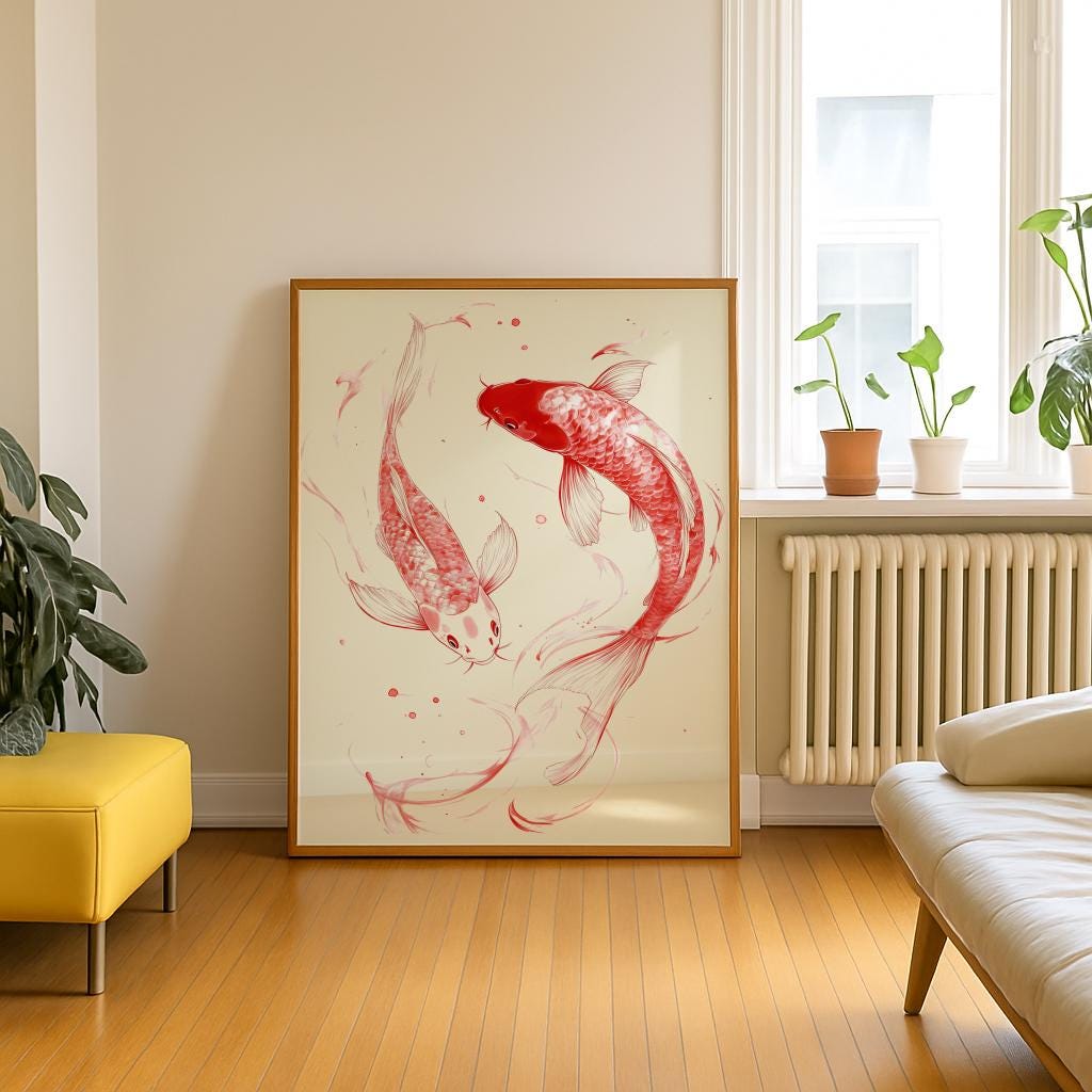 Red Koi Fish Print Japanese Wall Art - Digital Download