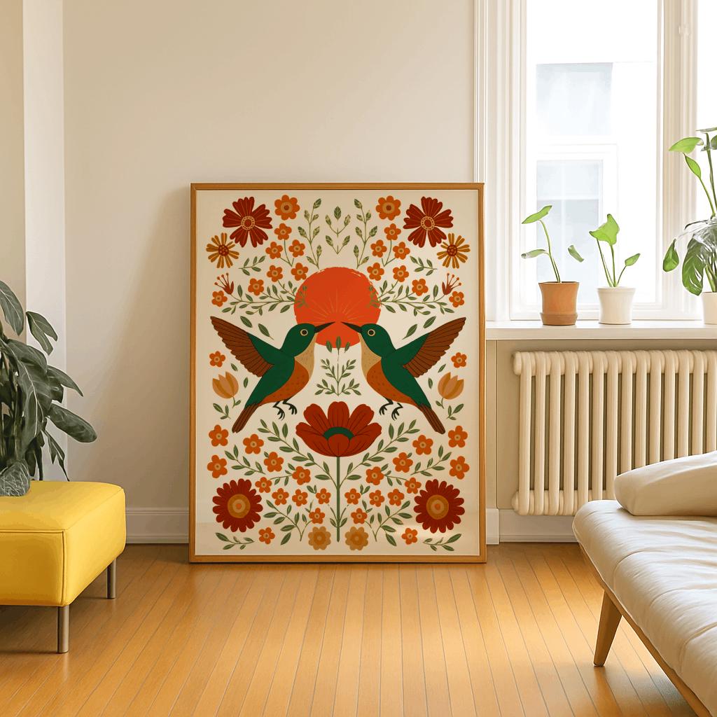 Scandinavian Hummingbird Folk Art Print Nature Wall Decor - Digital Download