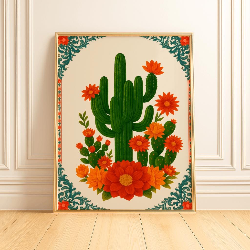 Mexican Folk Art Cactus Print Boho Desert Wall Decor - Digital Download
