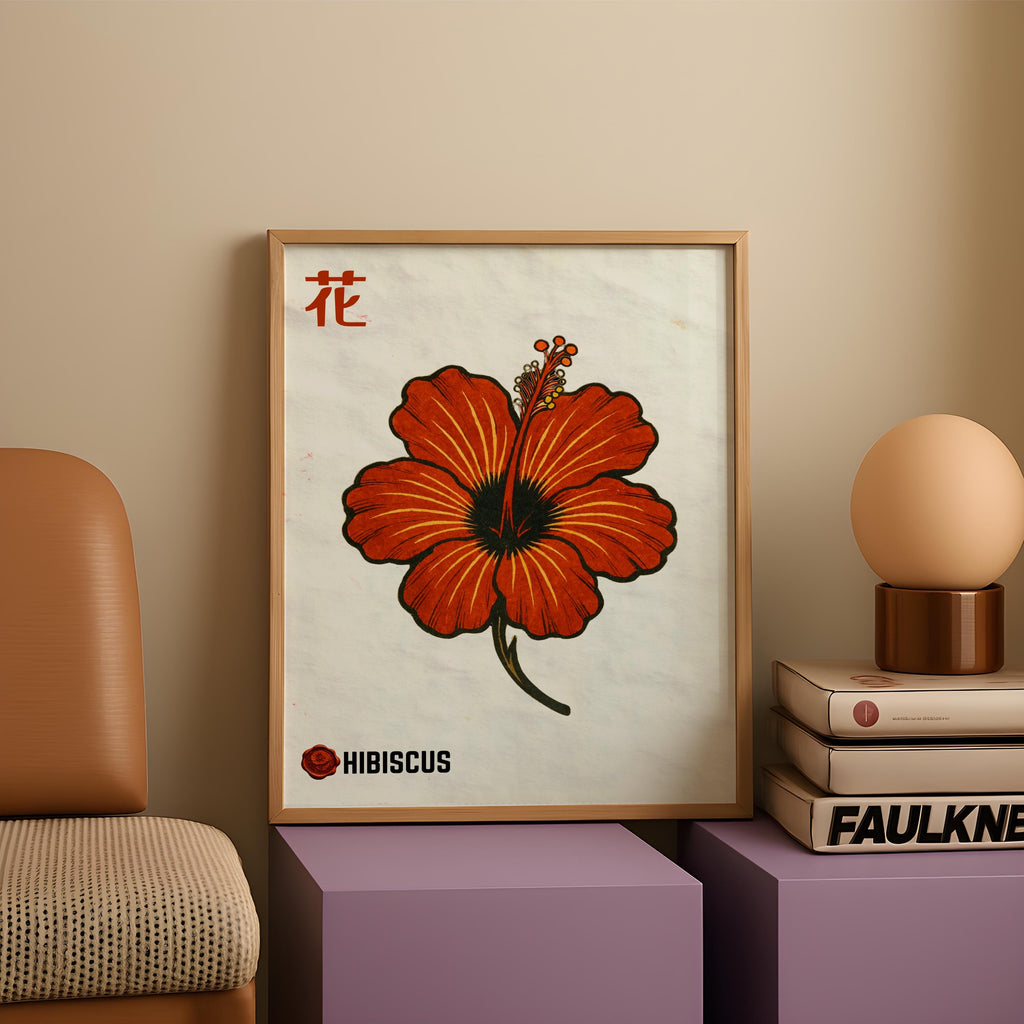 Hibiscus Lino Art Print Japanese Rustic Wall Decor - Digital Download