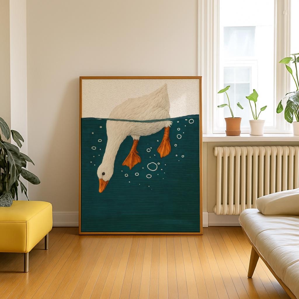 Duck Underwater Poster Whimsical Bird Nature Wall Art - Digital Download
