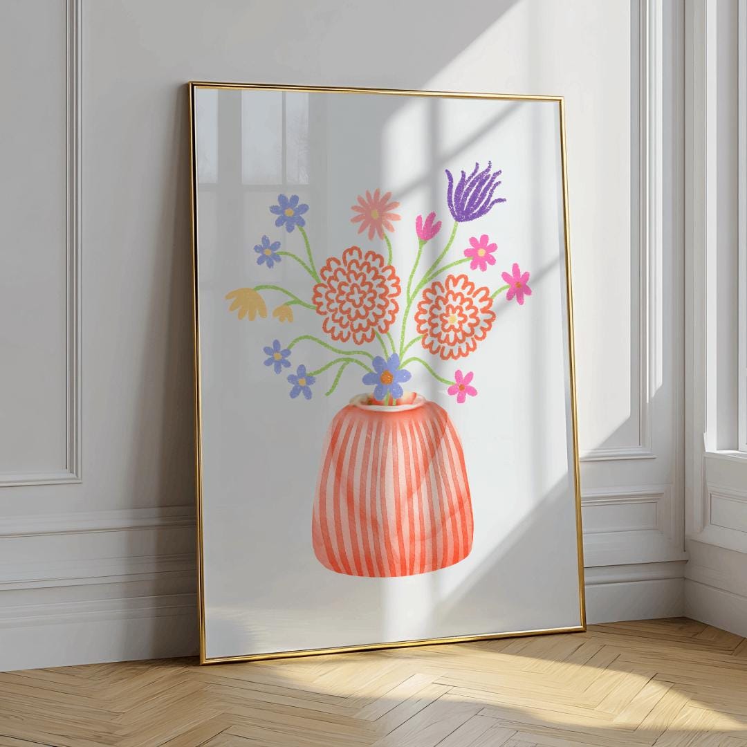 Retro Floral Vase Print Abstract Danish Pastel Boho Wall Art - Digital Download