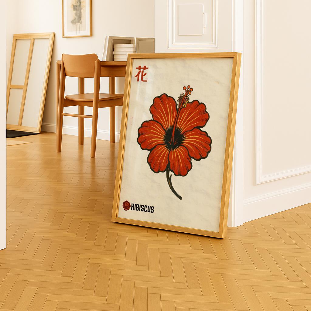 Hibiscus Lino Art Print Japanese Rustic Wall Decor - Digital Download