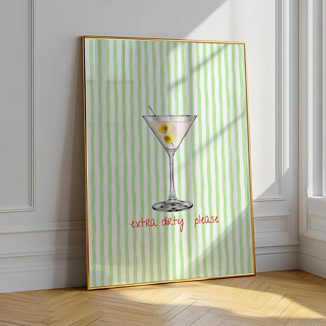 Extra Dirty Martini Cocktail Print Retro Pink Bar Wall Art - Digital Download
