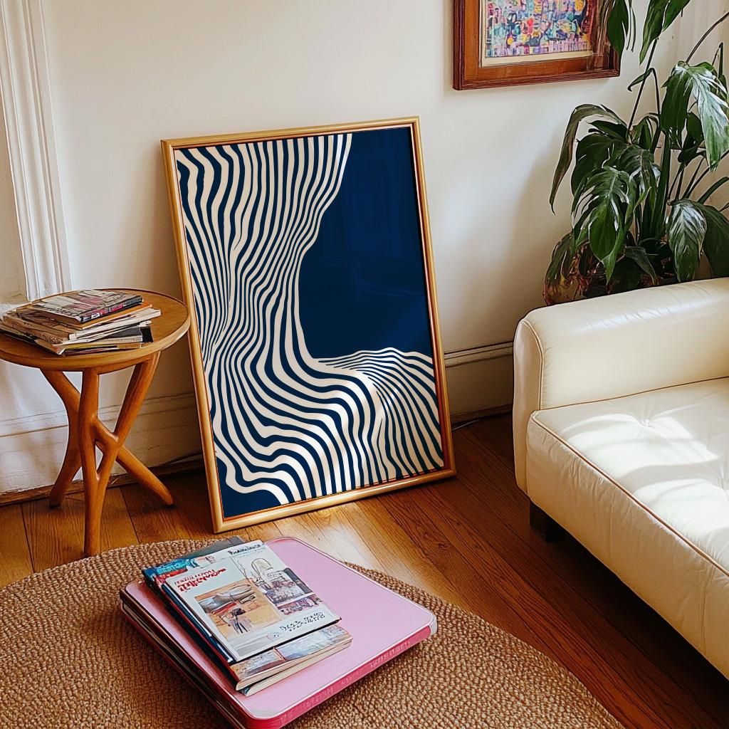 Blue Abstract Wall Art Mid Century Modern Wavy Line Print - Digital Download