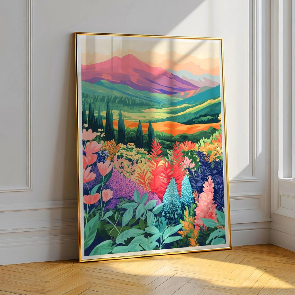 Mountain Floral Landscape Art Print Retro Wildflowers - Digital Download