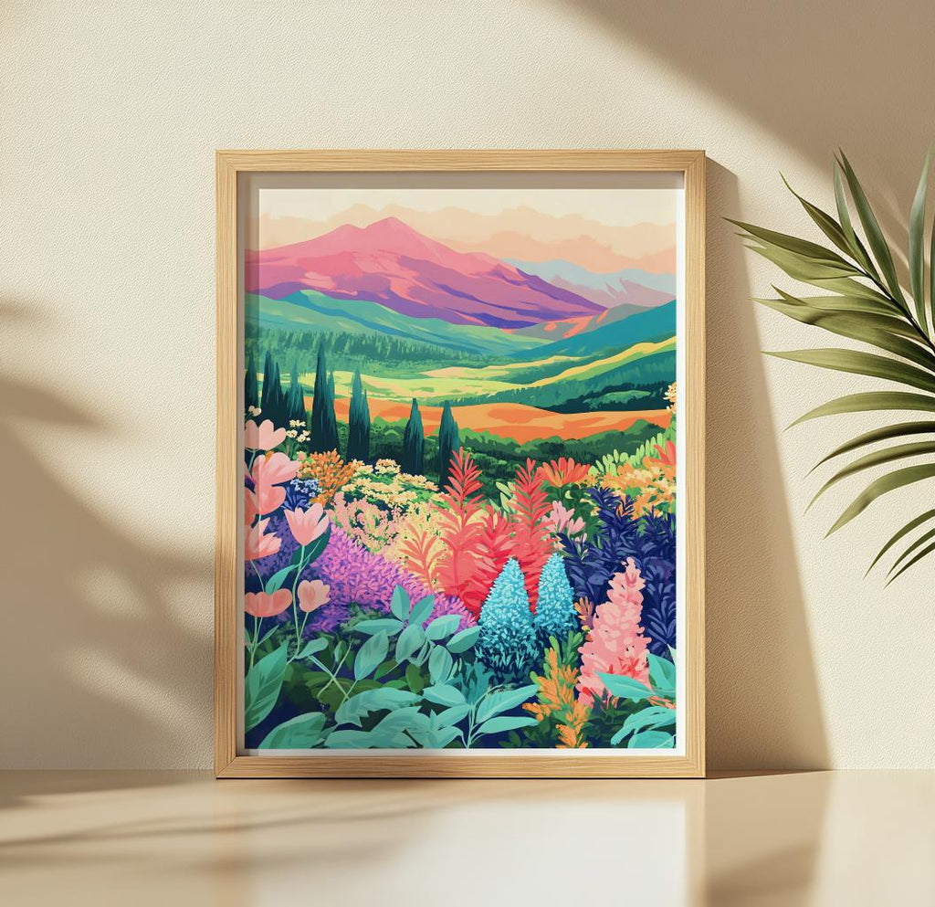 Mountain Floral Landscape Art Print Retro Wildflowers - Digital Download