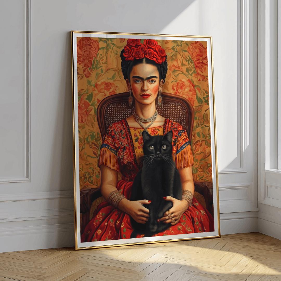 Frida Kahlo Poster with Black Cat Mexican Feminist Wall Art - Digital Download