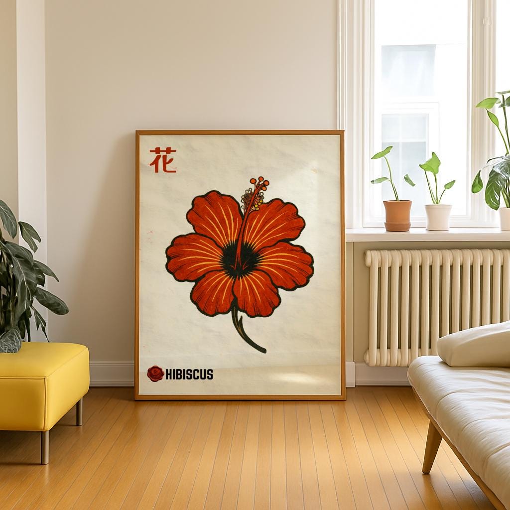 Hibiscus Lino Art Print Japanese Rustic Wall Decor - Digital Download