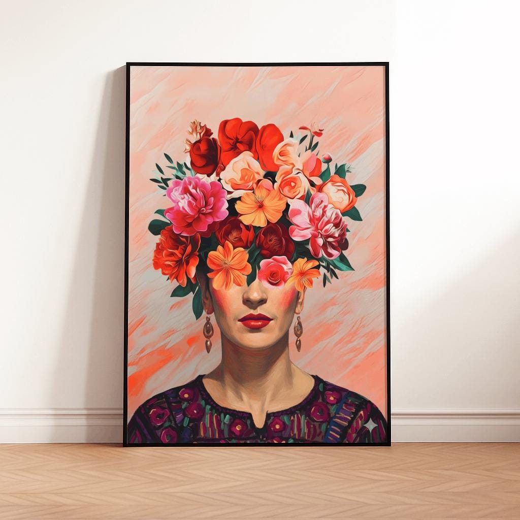 Frida Kahlo Portrait Print Floral Boho Wall Art - Digital Download