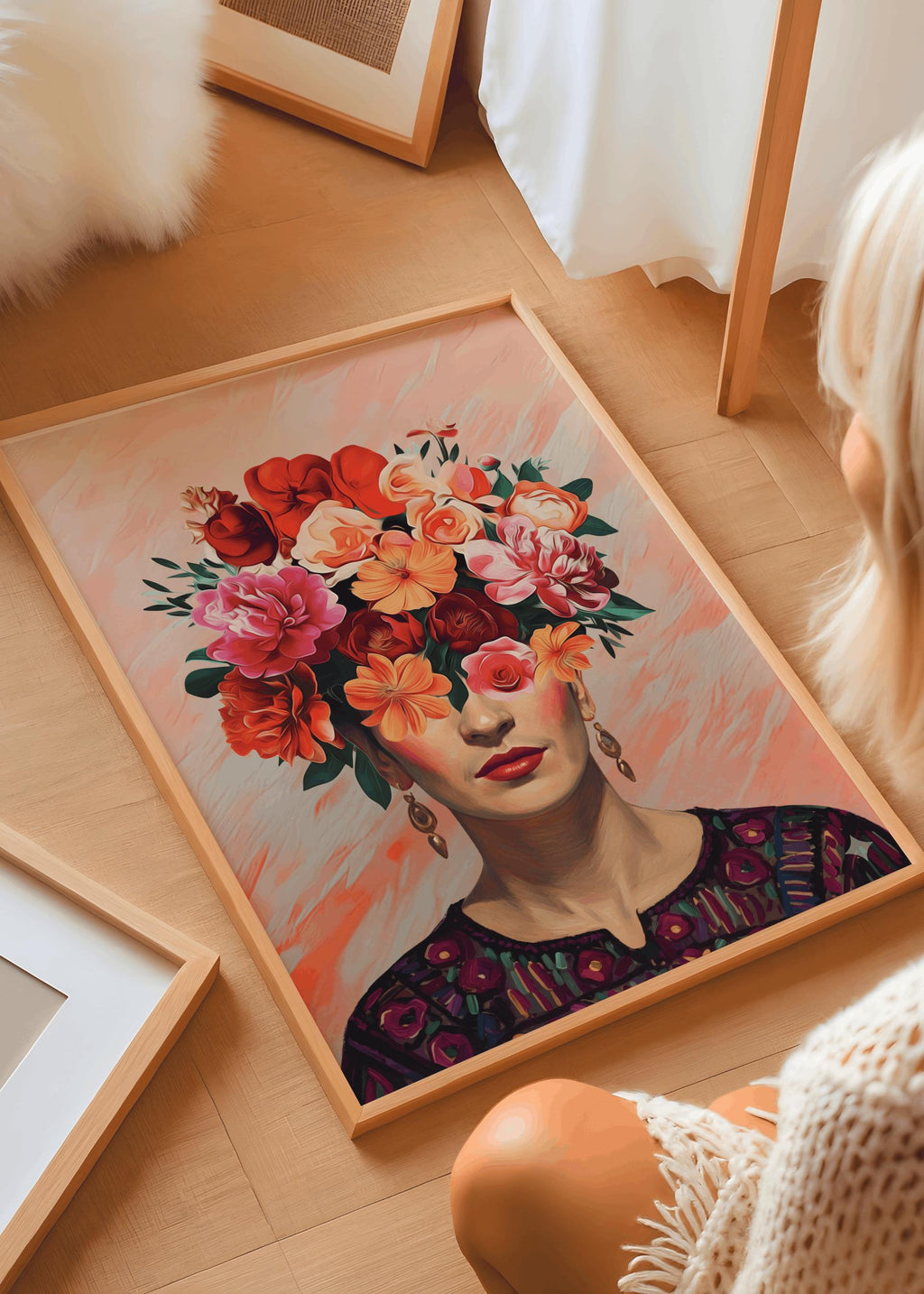 Frida Kahlo Portrait Print Floral Boho Wall Art - Digital Download