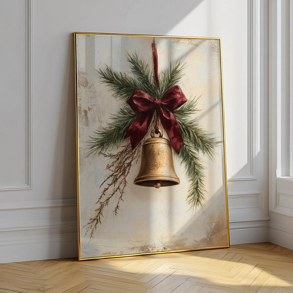 Christmas Bell Print Neutral Rustic Holiday Wall Art - Digital Download