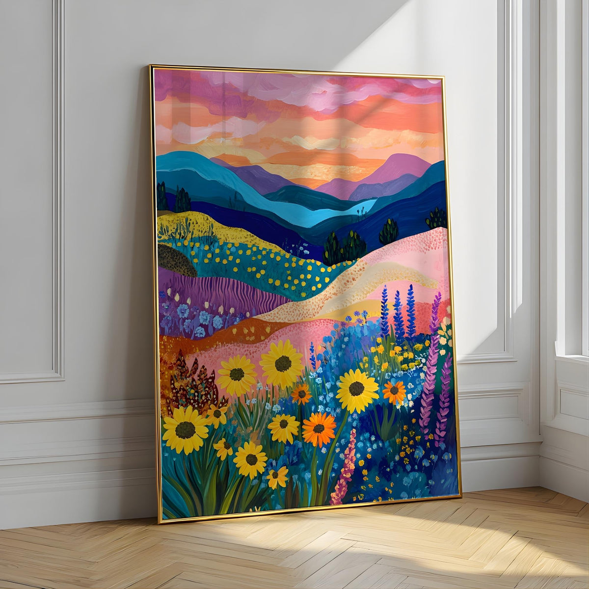 Colorful Mountain Floral Art Print Abstract Patchwork Wall Art - Digital Download