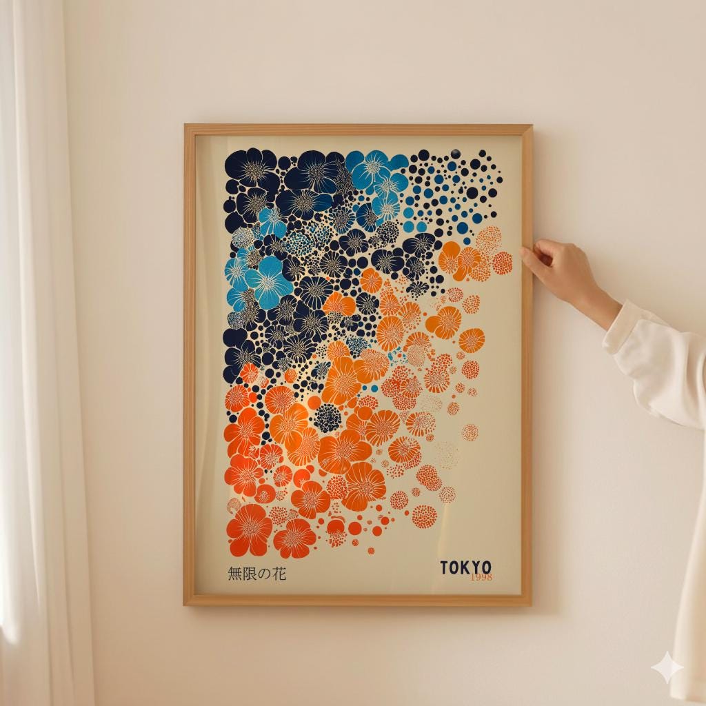 Japanese Floral Art Print Abstract Polka Dot Flower Poster - Digital Download
