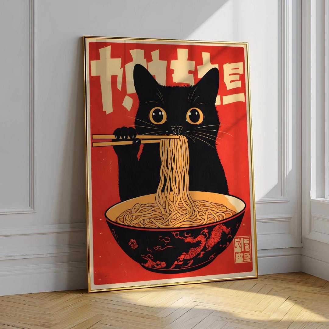 Vintage Cat Ramen Poster Japanese Kitchen Wall Art - Digital Download