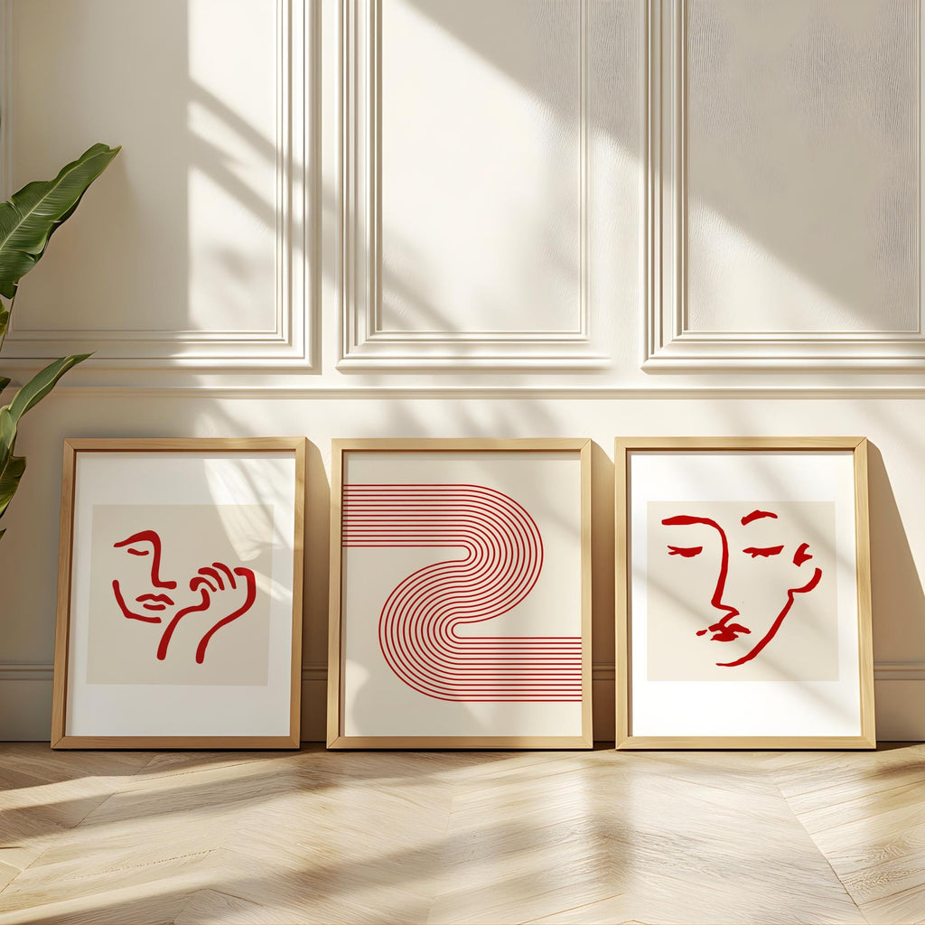 Abstract Face Line Art Set of 3 Red Wavy Wall Prints - Digital Download