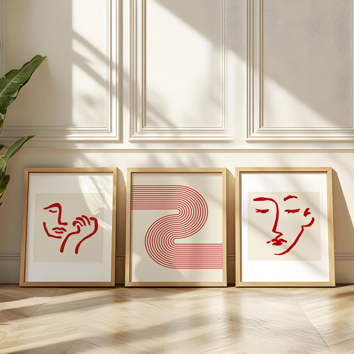 Abstract Face Line Art Set of 3 Red Wavy Wall Prints - Digital Download