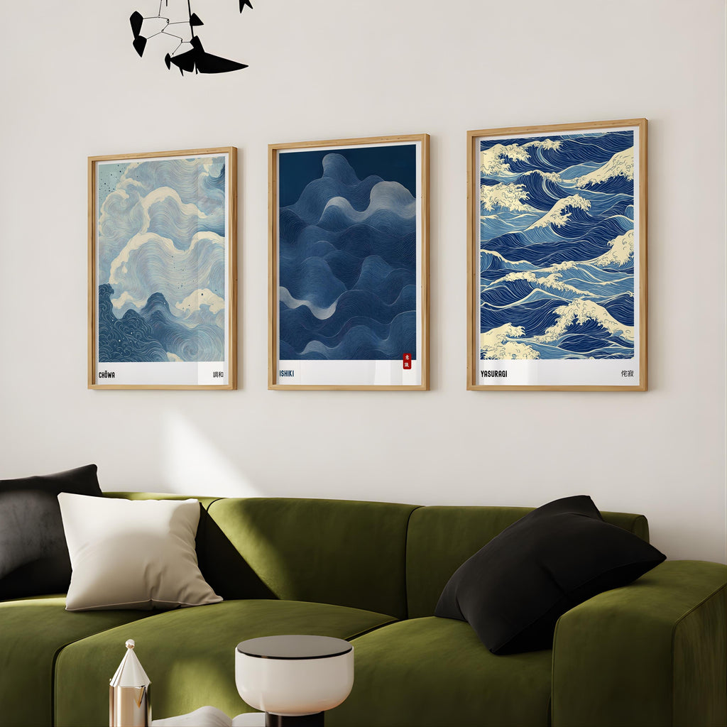Japandi Wall Art Set of 3 Modern Abstract Wave Prints - Digital Download