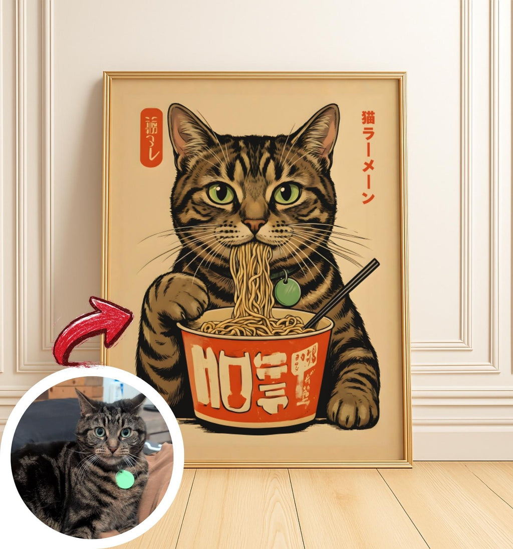Custom Cat Ramen Poster Personalized Pet Illustration - Digital Download