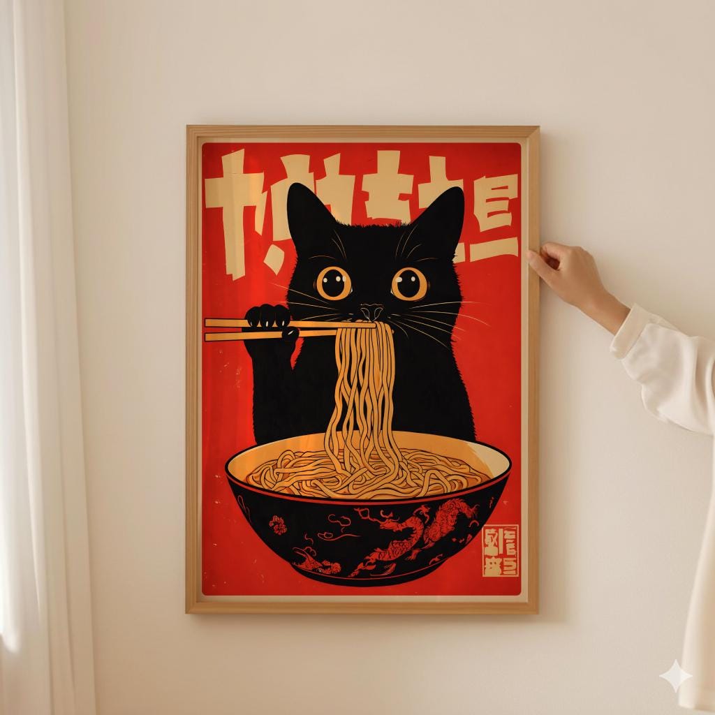 Vintage Cat Ramen Poster Japanese Kitchen Wall Art - Digital Download
