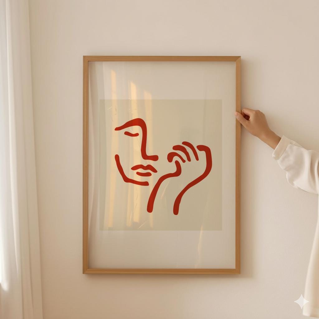Abstract Face Line Art Set of 3 Red Wavy Wall Prints - Digital Download
