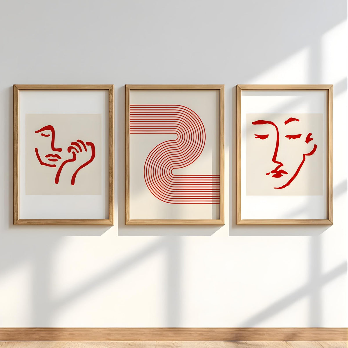 Abstract Face Line Art Set of 3 Red Wavy Wall Prints - Digital Download