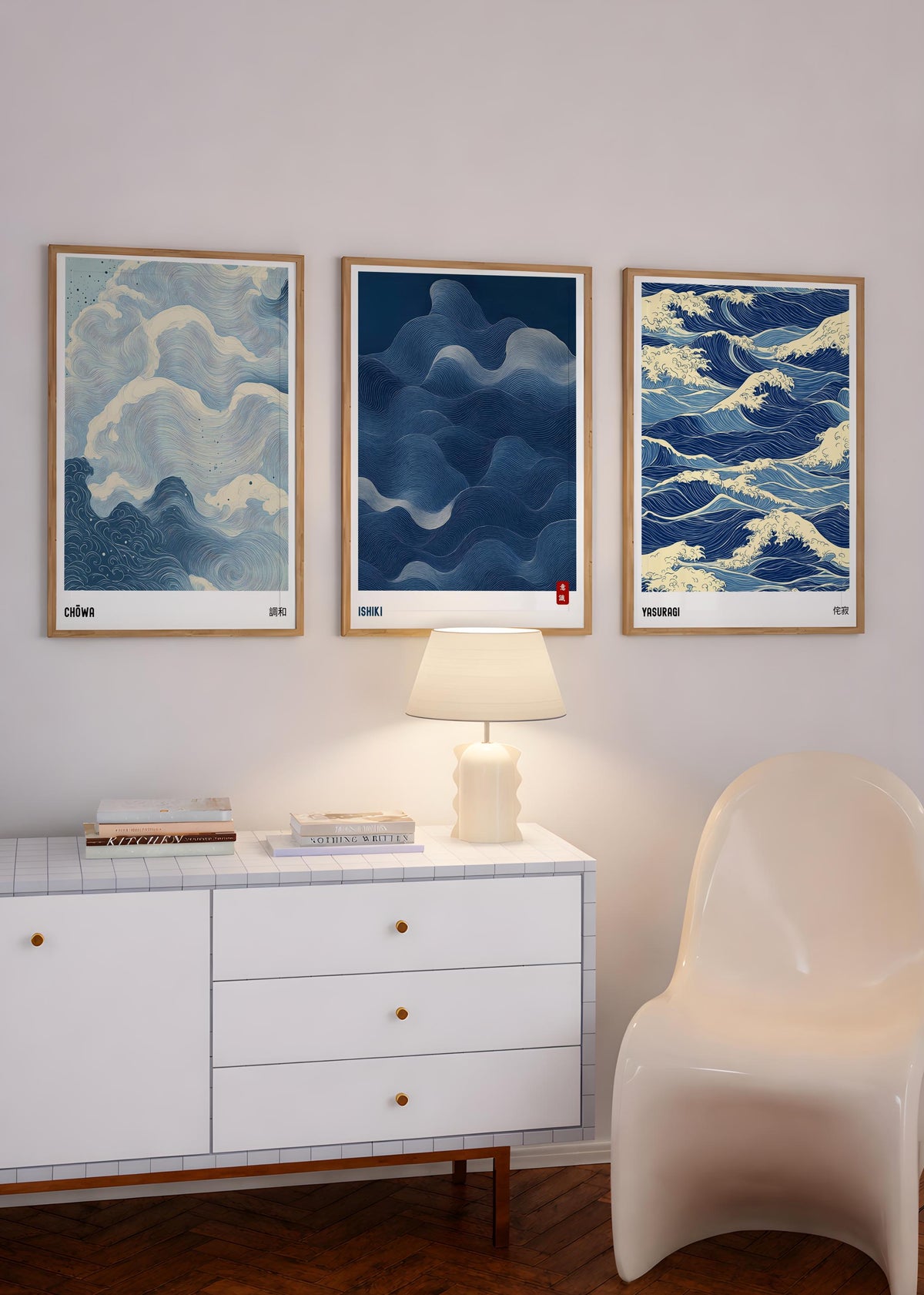 Japandi Wall Art Set of 3 Modern Abstract Wave Prints - Digital Download