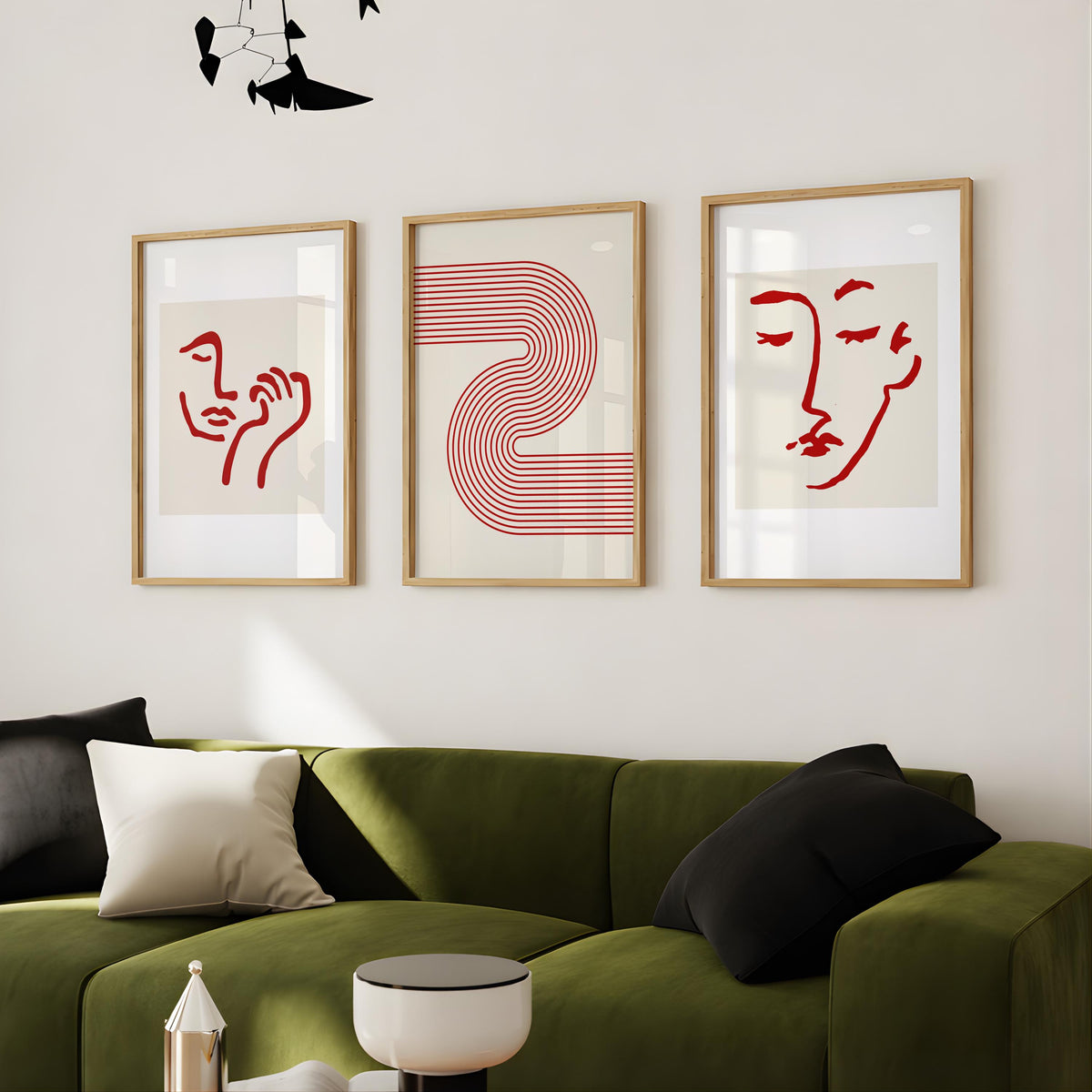 Abstract Face Line Art Set of 3 Red Wavy Wall Prints - Digital Download