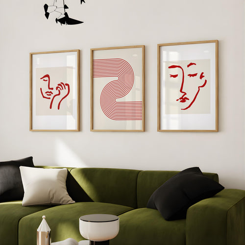 Abstract Face Line Art Set of 3 Red Wavy Wall Prints - Digital Download