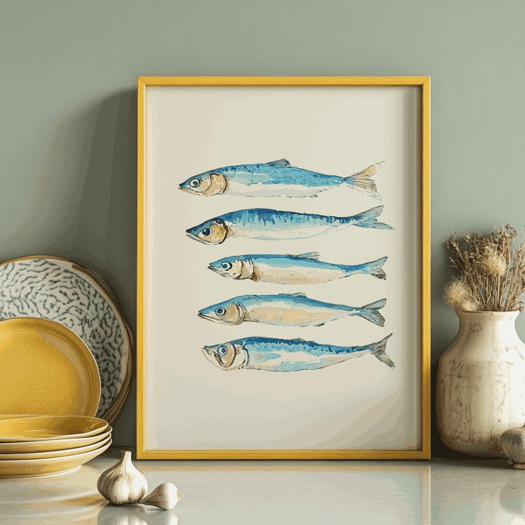 Sardines Poster Vintage Tin Retro Fish Kitchen Wall Art - Digital Download