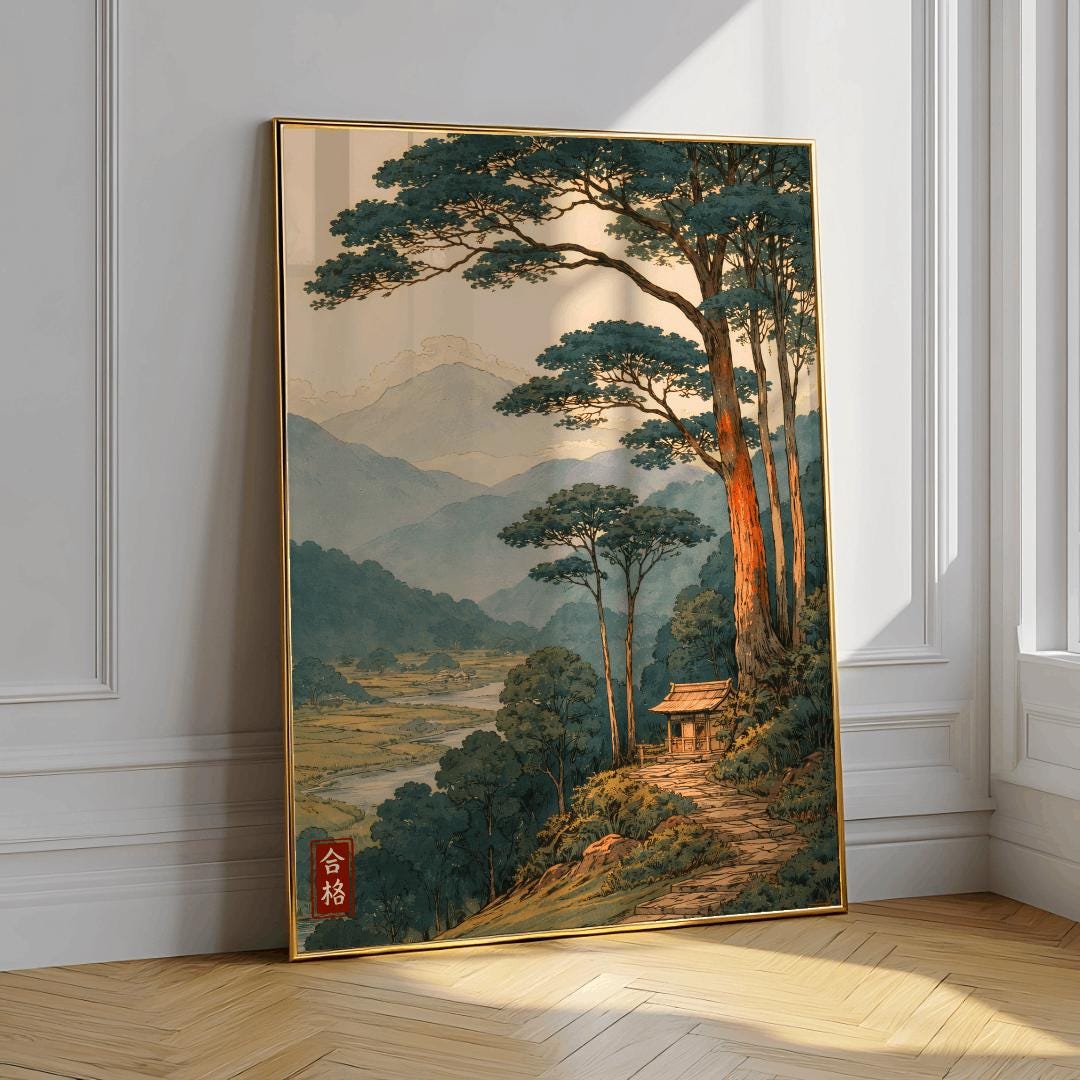 Vintage Japanese Forest Poster Tranquil Mountain Landscape Wall Art - Digital Download