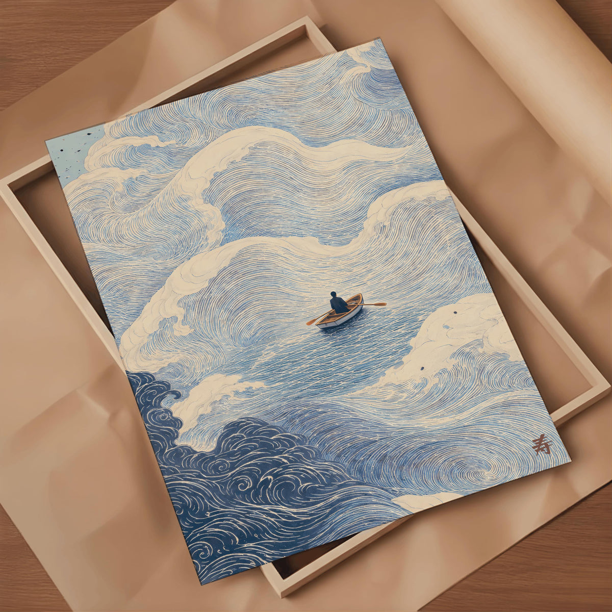 Japanese Wave Art Print Boat at Sea Ocean Wall Art - Digital Download
