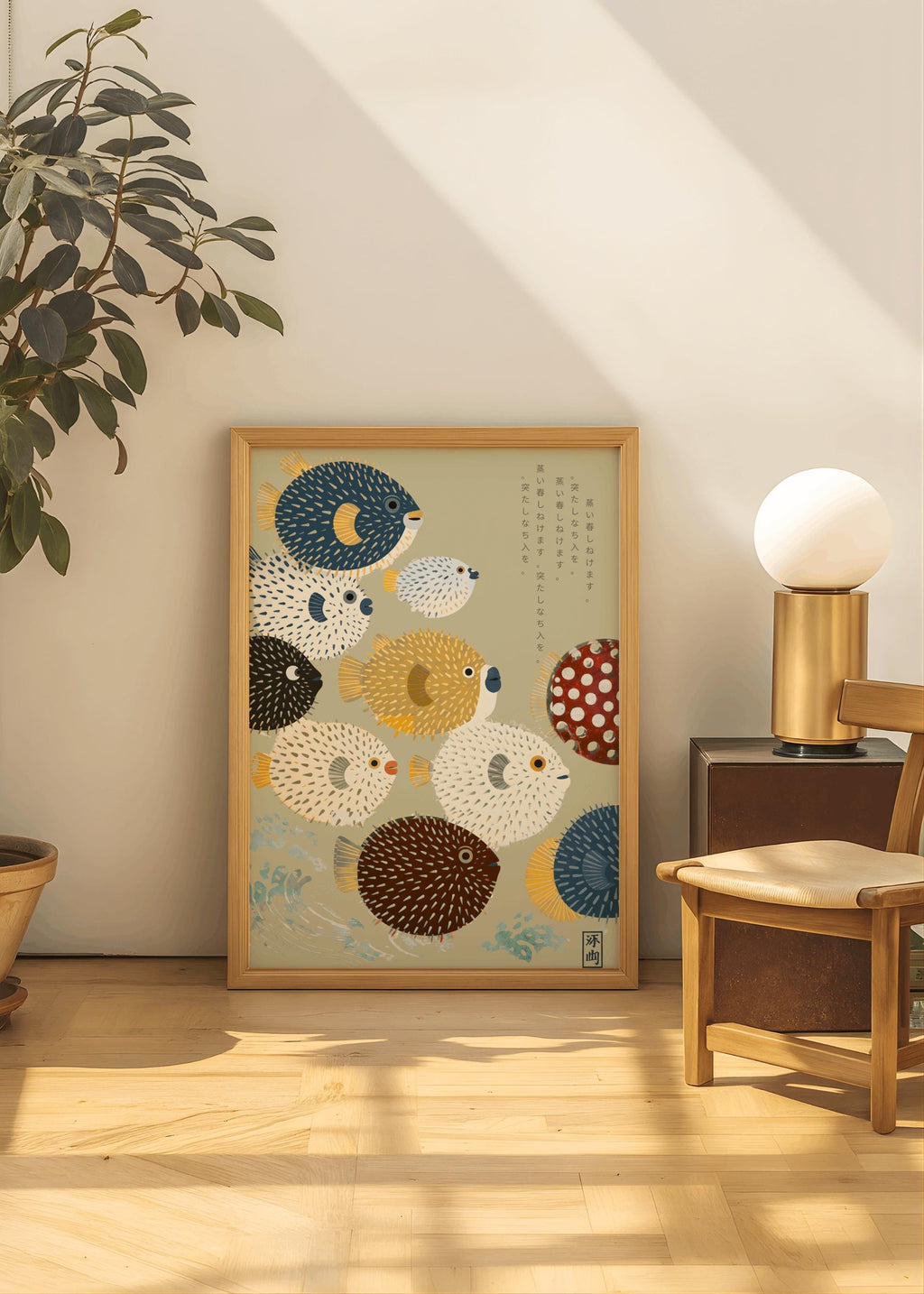 Japanese Pufferfish Art Print Mid Century Modern Fish Wall Art - Digital Download