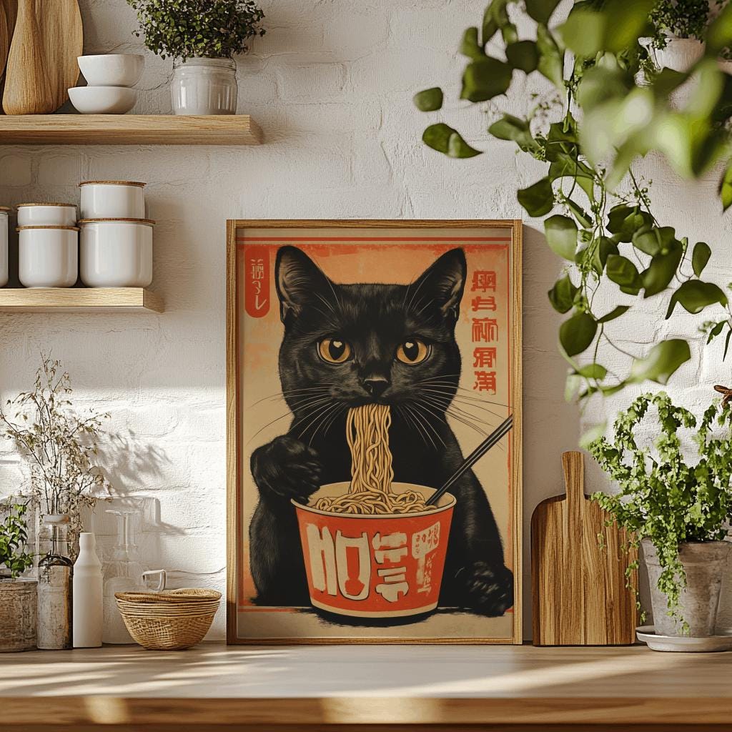 Black Cat Ramen Print Japanese Kitchen Wall Art - Digital Download