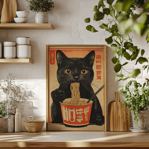 Black Cat Ramen Print Japanese Kitchen Wall Art - Digital Download