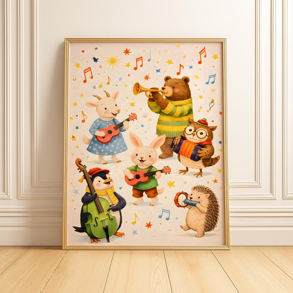 Animal Nursery Wall Art Jungle Band Illustration Poster - Digital Download