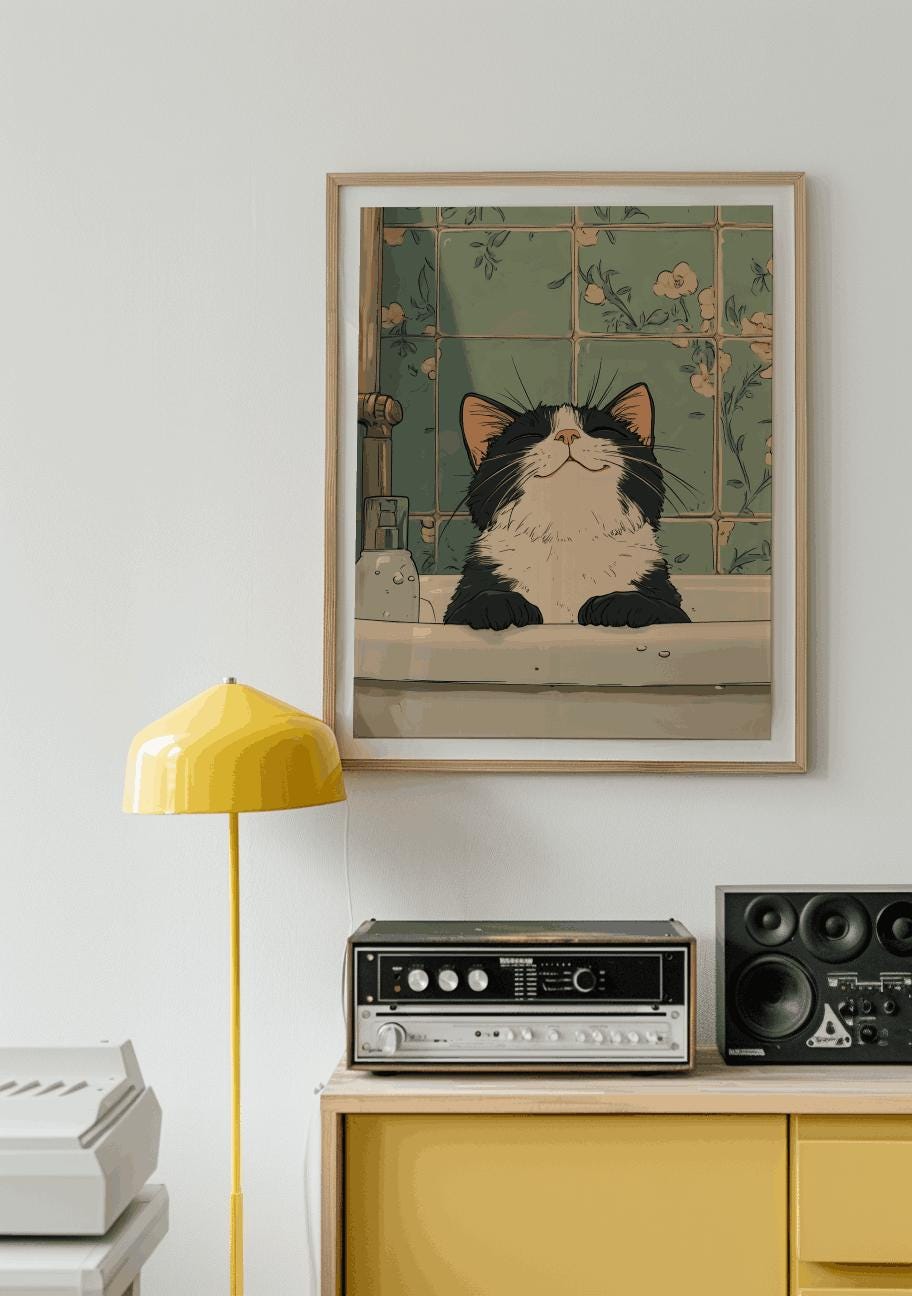 Black Cat in Bathtub Print Japanese Bathroom Wall Art - Digital Download